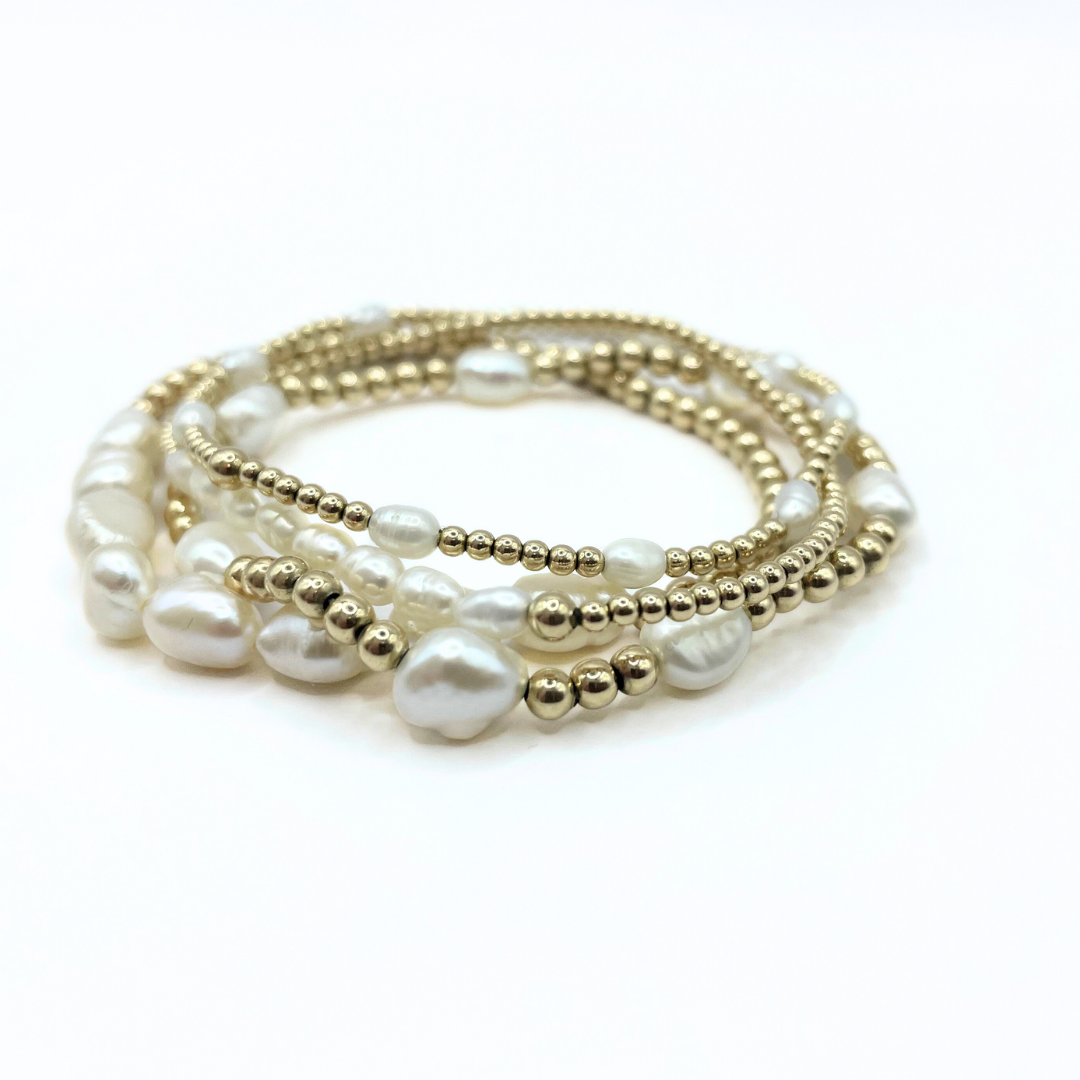 Petite Row Rice Pearl Bracelet with 14k Gold-Filled Beads: 6.5"